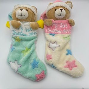 Dan Dee Baby's First Christmas Santa Bear Stocking Stars Pink and Blue 2019 Set2